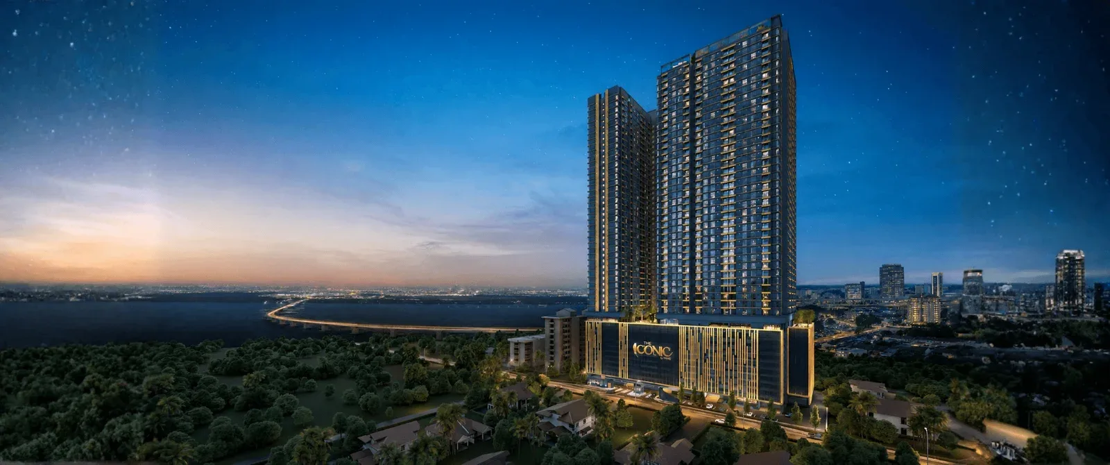Paragon Iconic JB at night overlooking the Johor Strait and Causeway to Singapore