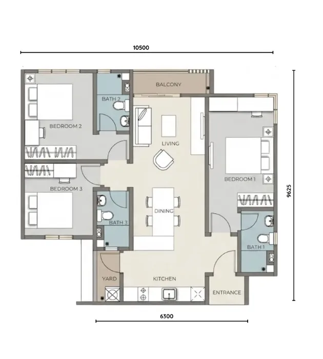 Paragon Iconic JB Type C dual-key floor plan – 956 sqft 3 bedroom